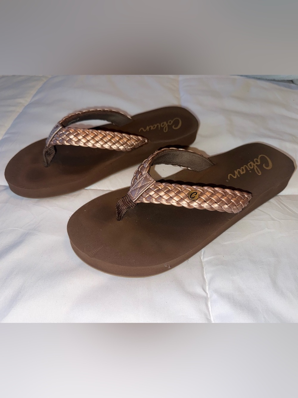 Cobian Metallic Copper/Rose Gold Braided Strap Brown Flip Flops 8.5